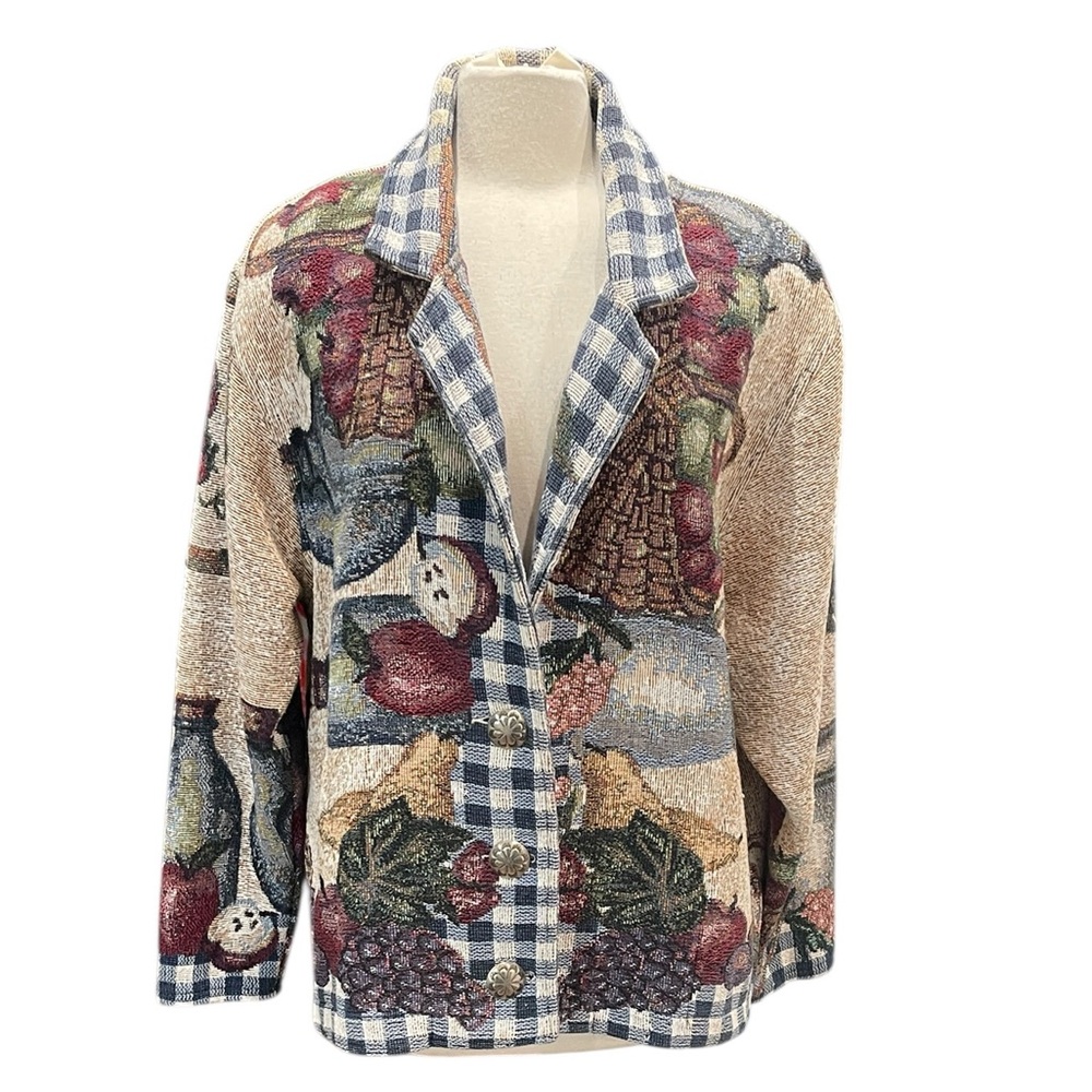 Vintage Painted  Pony Tapestry Jacket Fruit Gingham Border SZ L
